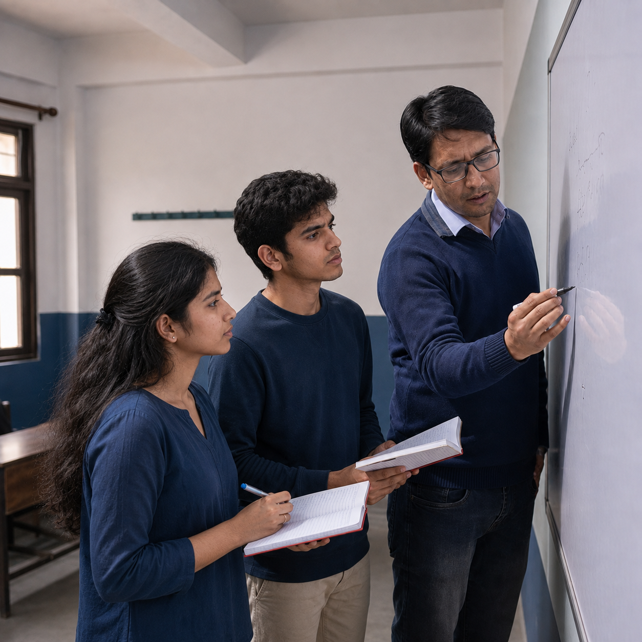 Teacher guiding students through exam preparation