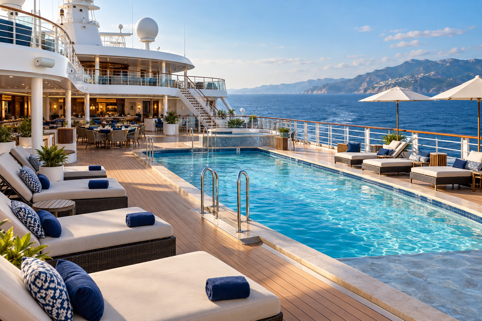 Illustration of a cruise ship deck with a pool and ocean views