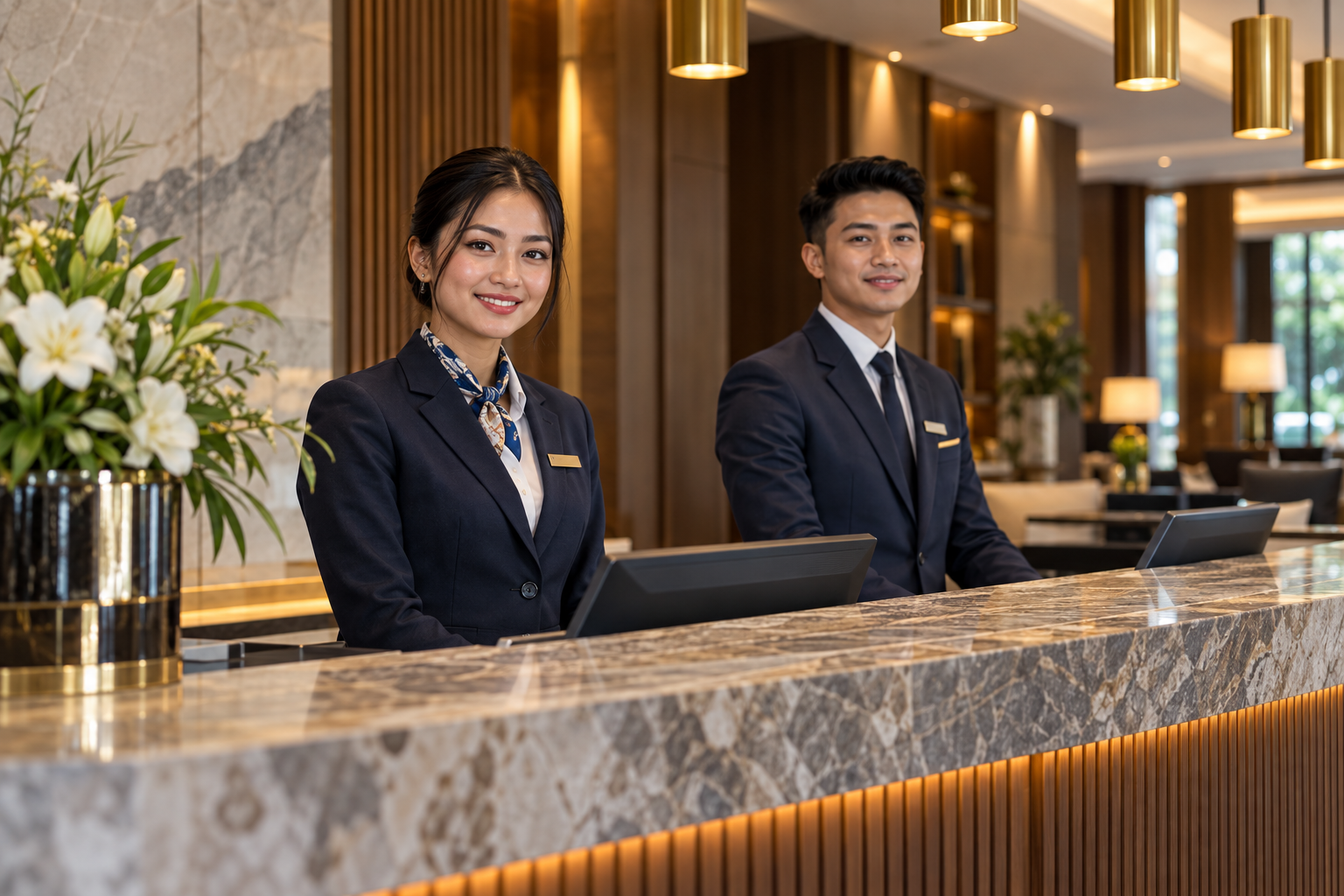 Illustration of hospitality professionals at a hotel reception